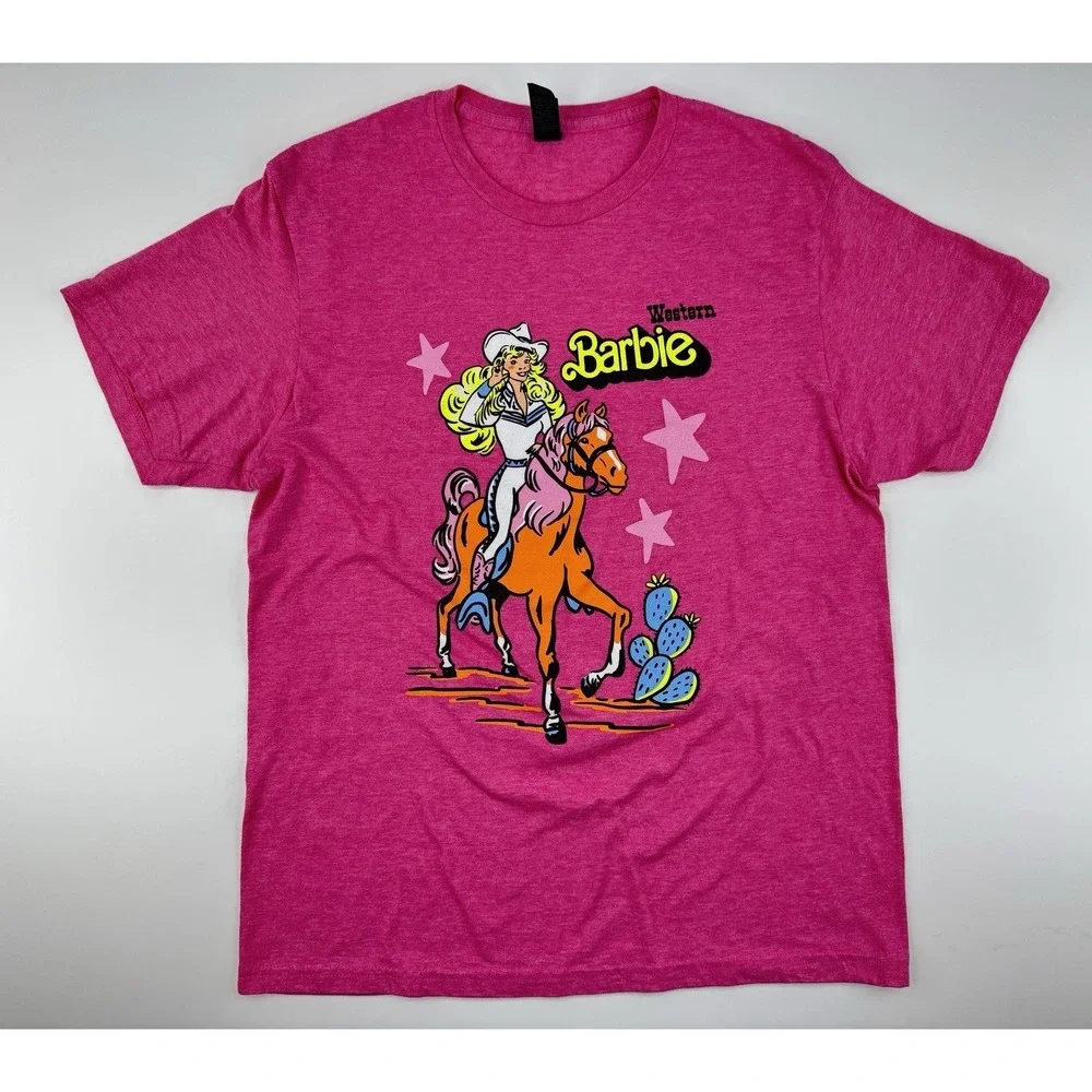 Western Barbie Graphic Tee Pink Cowgirl Horse Movie Style Shirt‎ Adult Medium